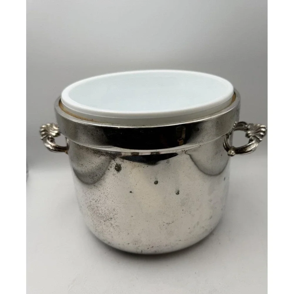 FB Rogers Silverplate Ice Bucket Milk Glass Liner Wine Cooler 6